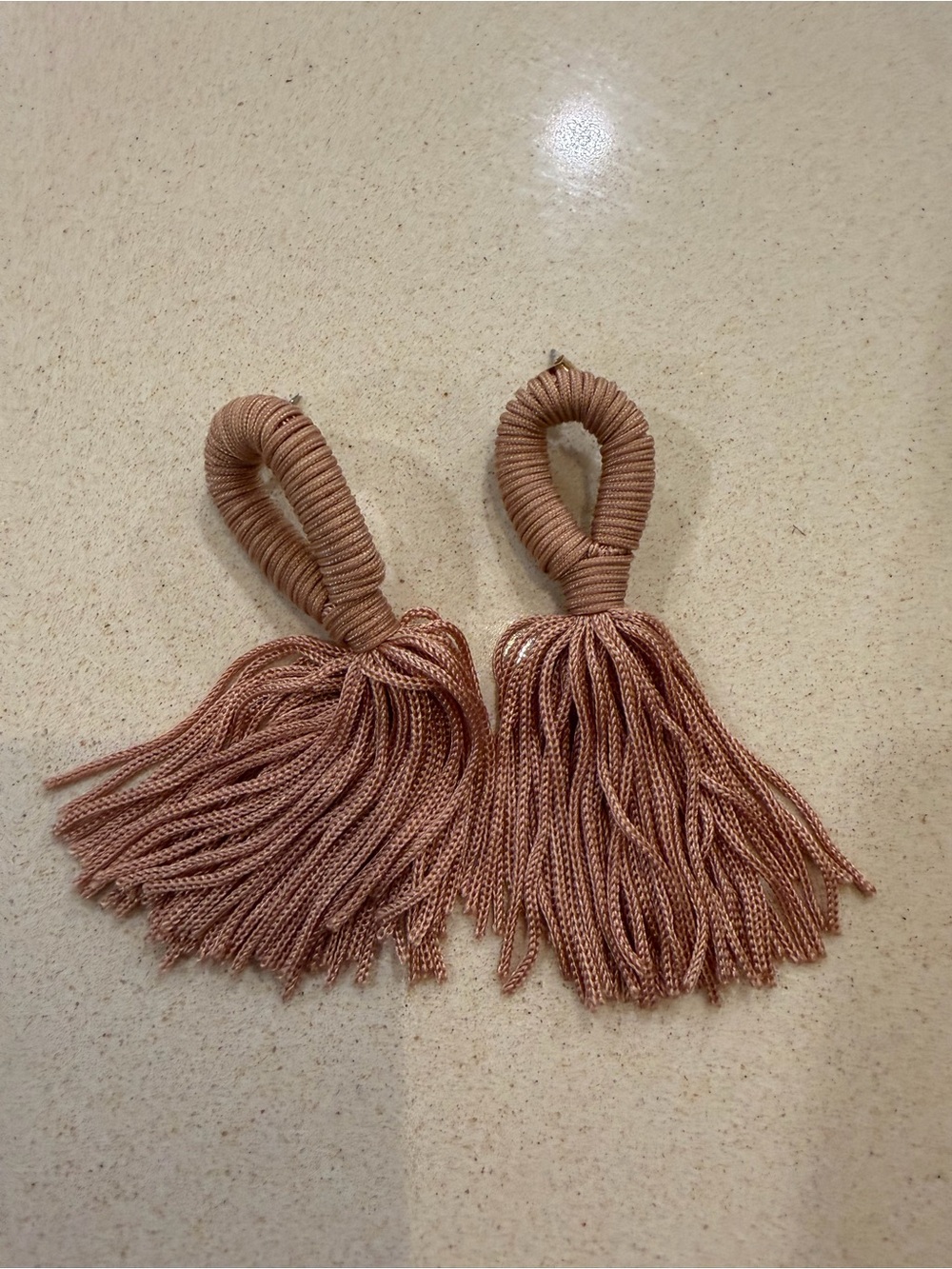 Beige Pink Wrapped Cord Statement Tassel Drop Earrings - Picture 4 of 7